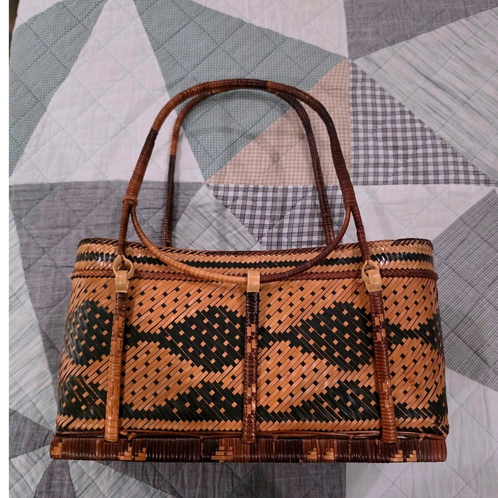 Tiruray Tribe Basket Purse Woven Bamboo Handbag Geometric Philippine Folk Art